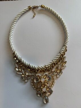 White Rope and Gold Crystal Statement Necklace